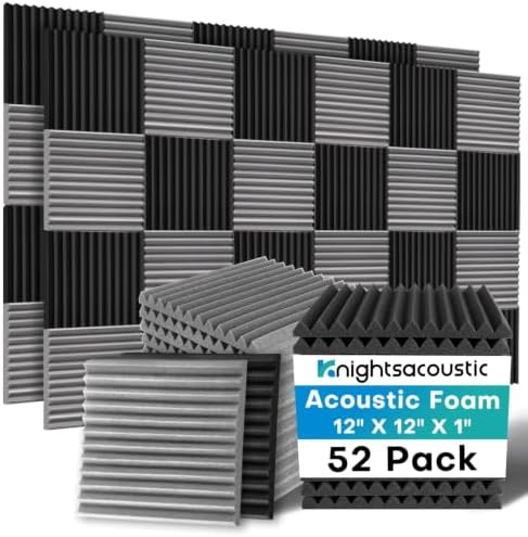 52 Pack Acoustic Foam Panels, 1 X 12 X 12 Inches Sound Proof Foam Panels for Walls, High Density Acoustic Panels Sound Absorbing, Black Grey Noise Cancelling Studio Wedges (NOT Include Adhesive)