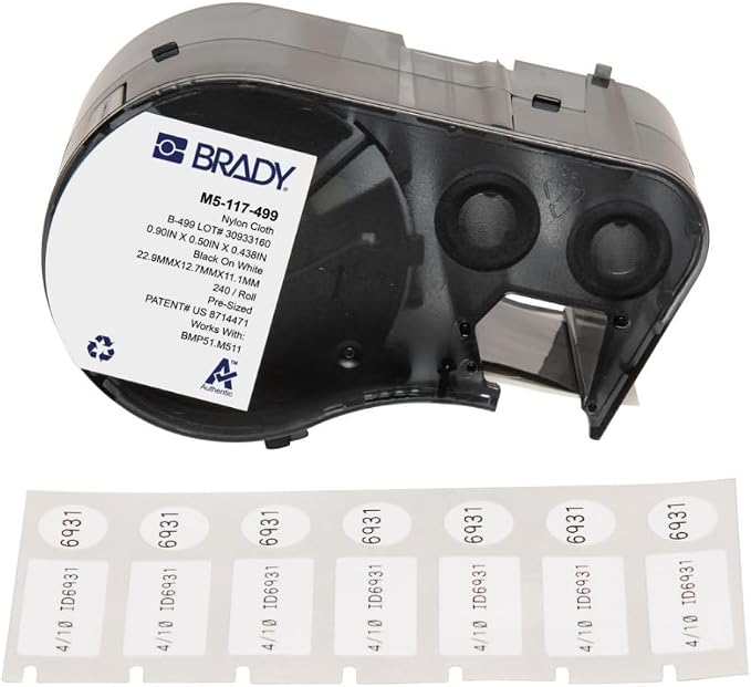 Brady Authentic (M5-117-499) Aggressive Adhesive Multi-Purpose Nylon Labels 0.5 x 0.9 x 0.44 Dia Black on White, 240 Labels. for use with The BMP51 and M511 Label Printers