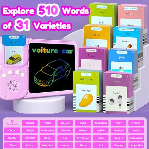 Writing Tablet with Bilingual Flash Cards for Kids, French, Pink