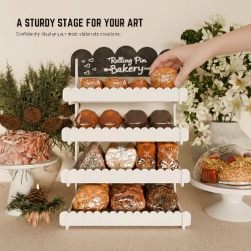 HOTCAN Wooden Cookie Display Stand with Chalkboard Sign for Bakers, Vendors, Craft Fairs | Pastry Display for Market Booths & Events | 4 Tiered Cookie Display for Muffins, Cakes, and Pastries (White)