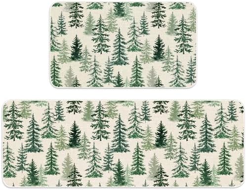 JarThenaAMCS Christmas Kitchen Mat Set of 2 Watercolor Cedar Forest Kitchen Floor Mats Winter Trees Non-Slip Door Rugs for Xmas Holiday Home Entrance Decor