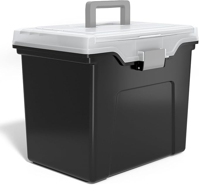 Staples File Folder Tote, Portable Filing Box for Letter Size Hanging Files | Black/clear tote with security latch and built-in lid organizer for easy file transport.