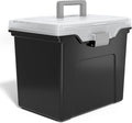 Staples File Folder Tote, Portable Filing Box for Letter Size Hanging Files | Black/clear tote with security latch and built-in lid organizer for easy file transport.
