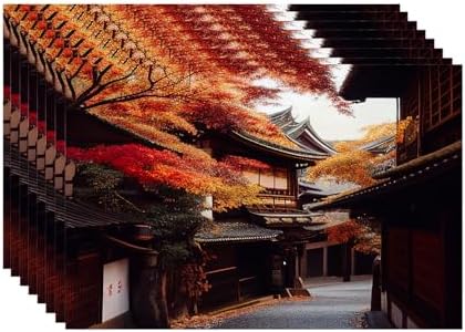 Batmerry Autumn Oriental Maple Linen Placemats Set of 8, Classical Architecture Paths Fallen Leaves Washable Table Mats for Kitchen Table Thickened Heat Insulation Dining Set Indoor Outdoor 12X18 in