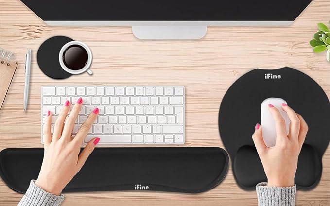 iFine Upgrade Enlarged Superfine Fibre Soft Smooth Memory Foam Ergonomic Mouse Pad & Keyboard Wrist Rest for Desktop Laptop Mac Gaming Office School or Home for Stress Free Typing (Black with Coaster)