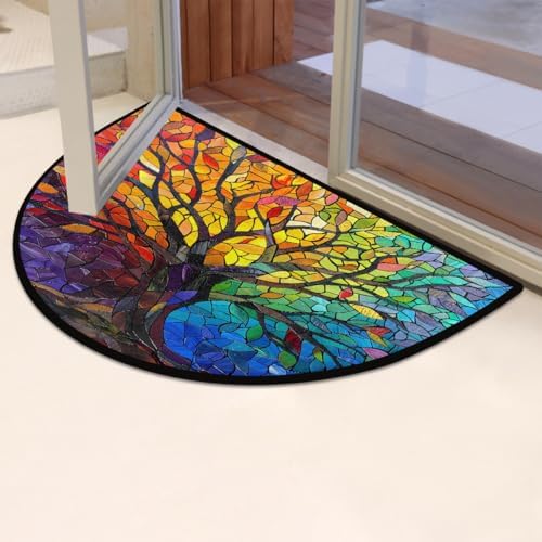 Stained Glass Tree Summer Half Round Door Mat Non Slip Washable Semi Circle Area Rug Absorbent Soft Half Moon Rug Floor Mat for Indoor Outdoor Kitchen Bathroom Patio Front Door Mat Decor