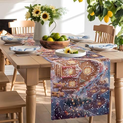 Christmas Table Runner Dresser Scarf 13 x 36 Inch Gingerbread Man House Candy Winter Night Snow Scene Table Runners Non-Slip Heat Resistant Kitchen Dining Table Decor for Home Holidays Indoor Outdoor