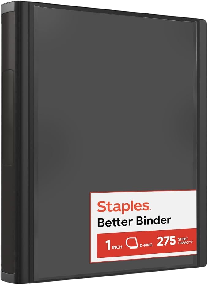 Staples Better 1-Inch D-Ring Binder, Black, Heavy-Duty, 3-Ring | 3-ring binder built for school and office document organization.