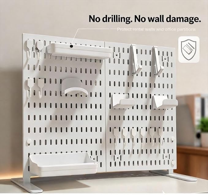 Gaming Desk Organizer, No-Drill Freestanding Desk Pegboard with Headphone Stand, Controller Holder, Keyboard Stand & Shelves, 5-in-1 Gaming Setup Accessories for Dorm Room & Home Office, White