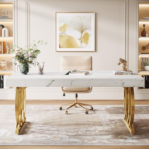 Tribesigns 63-Inch Executive Desk, Modern Office Computer Desk with Stylish Gold Legs, Rectangular Workstation for Home Office, Small Conference Table for Meeting Room (White & Gold)