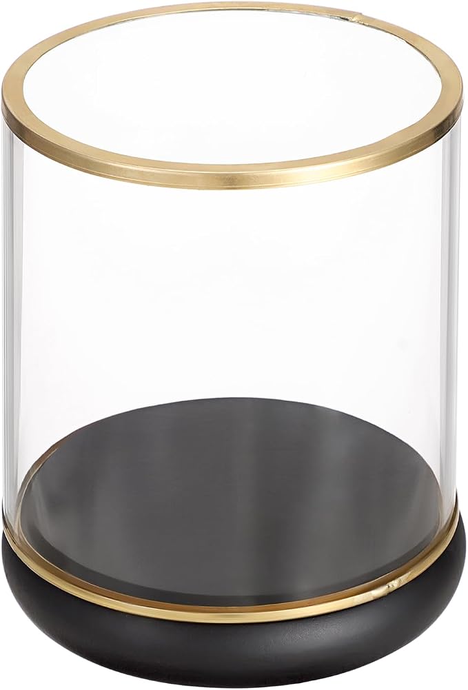 Hipiwe Vintage Display Case Clear Collectibles Showcase with Black Wooden Base Gold Frame Keepsake Box for Plants Action Figurine Models, Cylinder, 4 x 4 x 4.3 Inch