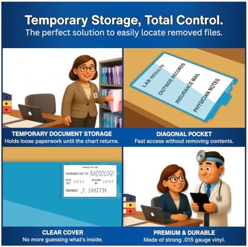Doctor Stuff - Center Tab Vinyl Outguides, Diagonal Cut Front Pocket, Top Charge Out Slip Pocket, Plastic File Folder, Letter Size 9" x 13-1/4", Light Blue, 25/Box