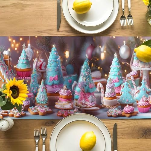 Christmas Table Runner Dresser Scarf 13 x 60 Inch Gingerbread House Gingerbread Man Cake Candy Table Runners Non-Slip Heat Resistant Kitchen Dining Table Decor for Home Holidays Indoor Outdoor