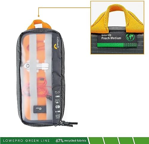 Lowepro GearUp Pouch Medium, Travel Essentials, Travel Case for PC Cords, Cables, Adapters, Batteries, Chargers, USB Sticks, Laptop Accessories, Made of Recycled Fabric, Grey