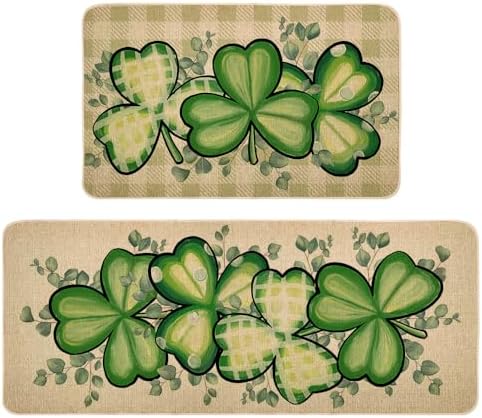 St Patricks Day Kitchen Decor Mats Set of 2, Non-Slip Absorbent Rug and Door Mats, Lucky Green Shamrock Clover Kitchen Floor Mat 17x29 and 17x47 Inch DM128