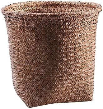 Woven Rattan Trash Can Wastebasket for Bathroom Bedroom Kitchen Small Garbage Cans Home Textile Storage Straw Rubbish (Coffee, One Size)