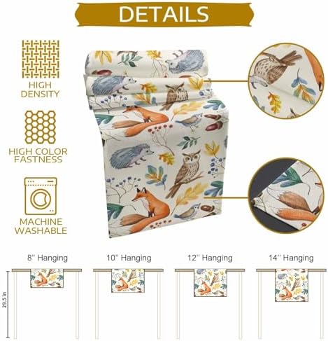 Fall Table Runner Autumn Animal Table Runners Harvest Thanksgiving Owl Bird Fox Leaves Cotton Linen Dresser Scarf Kitchen Dining Table Decor for Autumn Holiday Party Coffee 13x72 Inch