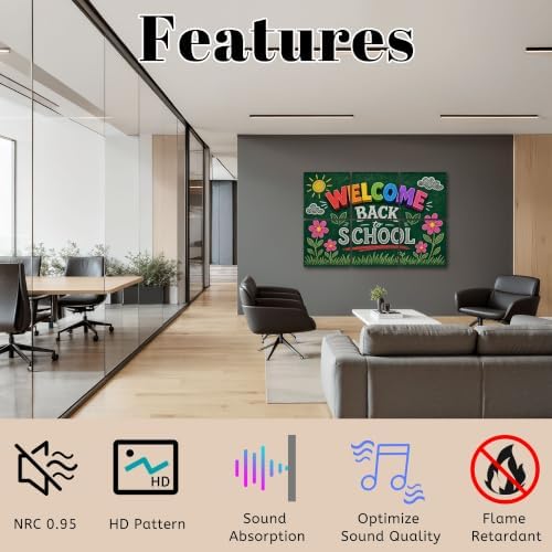 6 Pack Art Acoustic Panels Sound Absorbing Welcome Back to School Chalkboard Art Colorful Letters Floral Details Decorative Soundproof Wall Panels Self Adhesive for Home Recording Studios 72"x48"