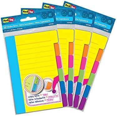 Redi-Tag Divider Sticky Notes, Tabbed Self-Stick Lined Notepads, 240 Ruled Notes, 4" x 6", 4 Books Per Pack, Assorted Colors (B29504)