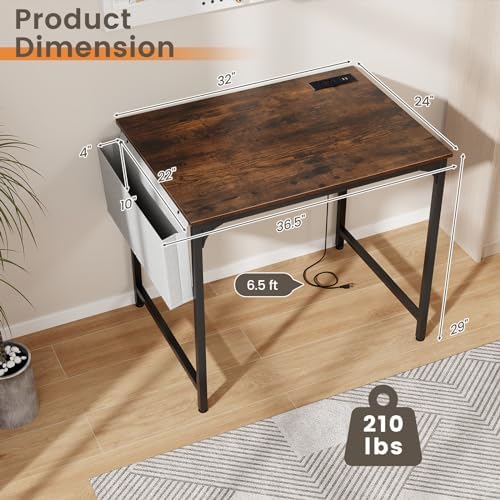 COSTWAY Home Office Desk, 32 Inch Computer Desk with Recessed Power Strip, Storage Bag & Headphone Hook, Wide Desktop, Modern Computer Workstation Writing Table for Home, Office (Rustic Brown + Black)