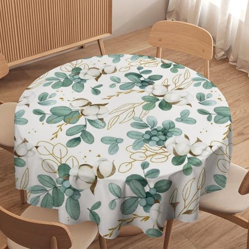 Cotton Flowers Tablecloth, Watercolor Summer Green Golden Eucalyptus Leaves Floral Print Table Cloth for Outdoor Picnic Home Dining Kitchen Table Decor, 50x50in