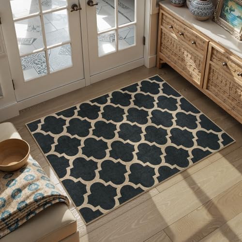 Lahome Moroccan 3x5 Outdoor Rug, Easy Jute Black Washable Rug for Entryway Front Porch, Geometric Trellis Woven Non Slip Door Mat for Entrance, Thin Non Shedding Farmhouse Throw Rugs for Balcony