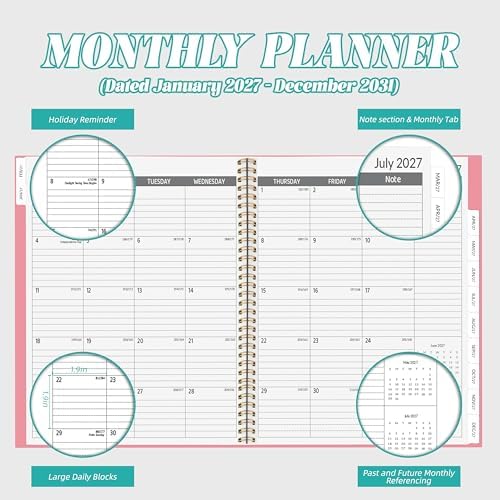 2027-2031 Monthly Planner, 5 Year Monthly Planner/Calendar 2027-2031, 60-Month Jan 2027 – Dec 2031, 9" x 11", Tabs, Double-Side Pocket, Holidays, Thick Paper - Pink