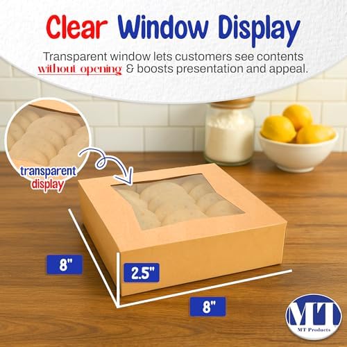 MT Products Kraft Cookie Boxes 8" x 8" x 2.5" - Auto Pop-Up Bakery Boxes with Window (Pack of 200) - Made in USA