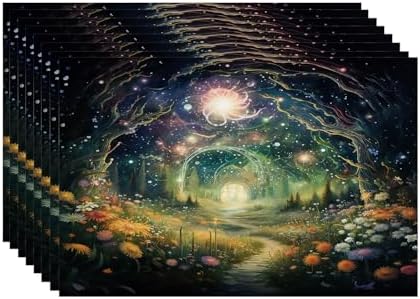 Batmerry Magical Forest Path Glowing Lights Linen Placemats Set of 8, A Mystical Forest At Night Washable Table Mats for Kitchen Table Thickened Heat Insulation Dining Set Indoor Outdoor 12X18 in