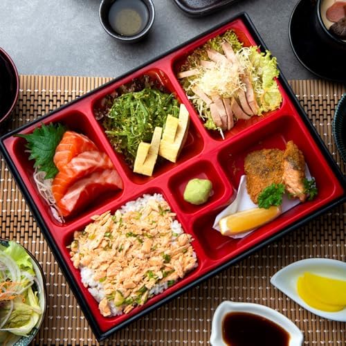 Teenyyou 4 Pcs 12 x 9.5 x 2.2 inches Japanese Bento Box Adult 6 Compartments Divided Japanese Food Presentation with Greaseproof Restaurant Bento Tray Sushi Tray Gift for Sushi Home Restaurant