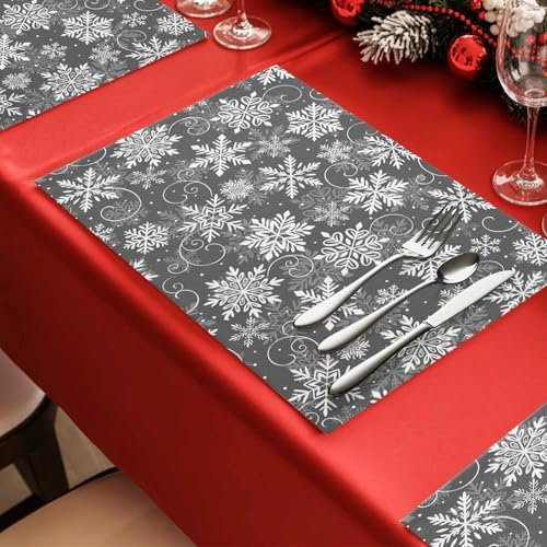 Christmas Placemats Set of 6, Grey White Snowflakes Pattern Heat Resistant Washable Table Place Mats Winter Cotton Table Linens Party Holiday Decor for Kitchen Dining Outdoor Indoor