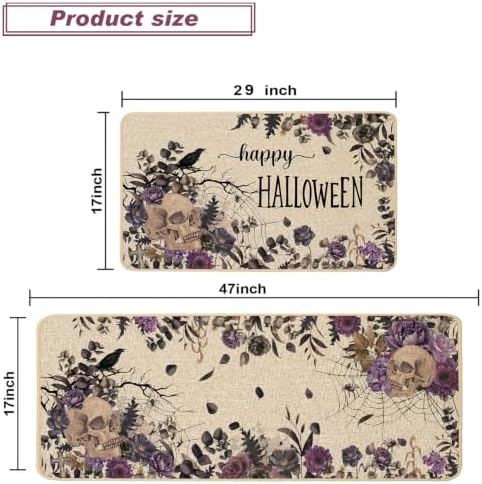 Baccessor Halloween Kitchen Mats Set of 2, Skull Gothic Purple Floral Kitchen Rugs for Floor Low-Profile Farmhouse Fall Halloween Party Home Decor 17x29 and 17x47 Inch