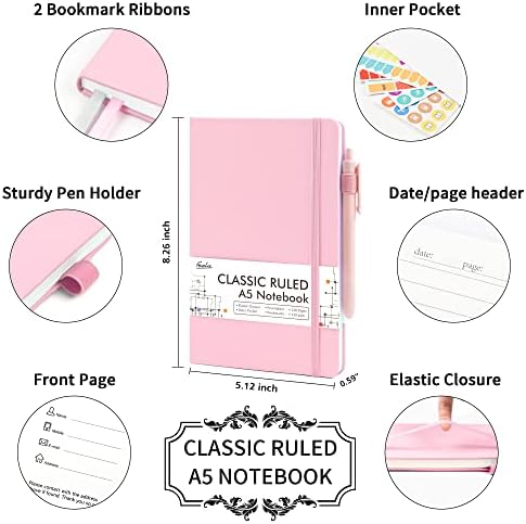 feela 3 Pack Notebooks Journals Bulk, Hardcover Notebook Classic Ruled Lined Journals with Pen Holder for Women Girls School Business Supplies, with 3 Black Pens, 120 GSM, 5.1”x8.3”, A5, Rose Pink