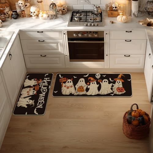 Artoid Mode Ghost Bat Black Halloween Kitchen Mats Set of 2-17x29+17x47