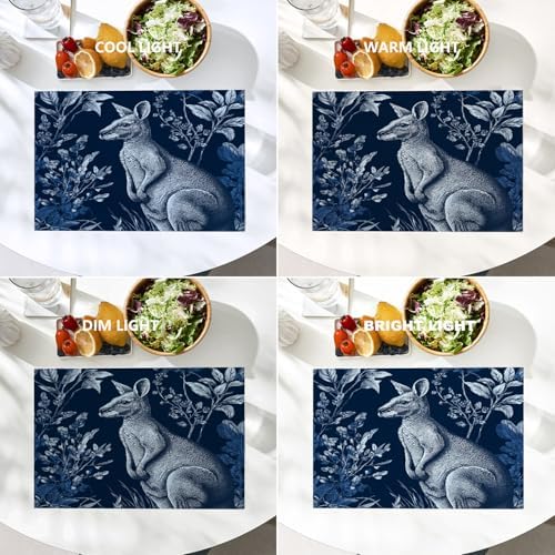 Batmerry Cute Kangaroo Linen Placemats Set of 4, Navy Blue with Plants Washable Table Mats for Kitchen Table Thickened Heat Insulation Dining Set Indoor Outdoor 12X18 in