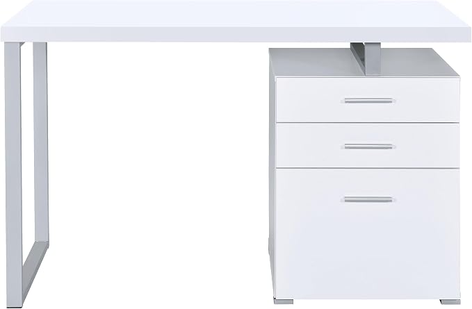 Coaster Home Furnishings Brennan Modern Contemporary Home Office 3-Drawer Writing Desk with Drawers Computer Desk Study Table File Cabinet Storage Silver Metal Frame White 800325