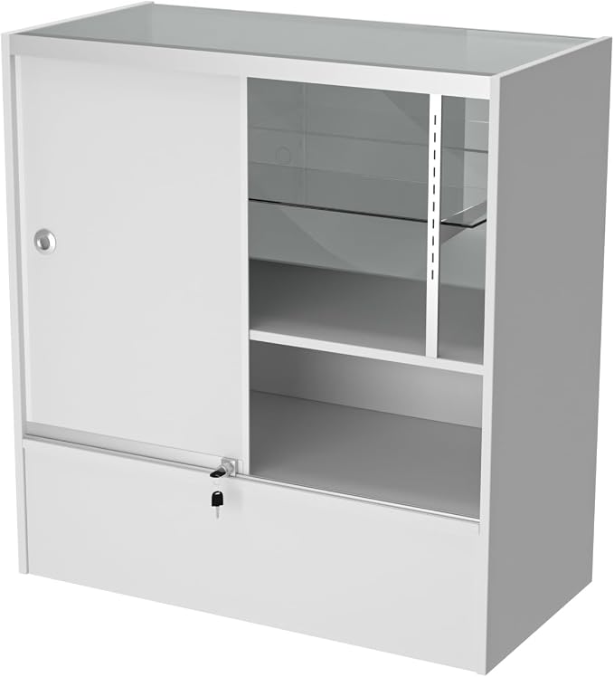 WISDOMFUR 3-Foot Retail Display Showcase Cabinet, White, 36" x 18" x 38" | Half Vision Glass Top Case, Storage Base, Counter Display for Jewelry, Collectibles & Electronics