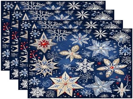 Batmerry Christmas New Year Linen Placemats Set of 4, Snow Red Fruit Blue Background Washable Table Mats for Kitchen Table Thickened Heat Insulation Dining Set Indoor Outdoor 12X18 in