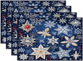 Batmerry Christmas New Year Linen Placemats Set of 4, Snow Red Fruit Blue Background Washable Table Mats for Kitchen Table Thickened Heat Insulation Dining Set Indoor Outdoor 12X18 in