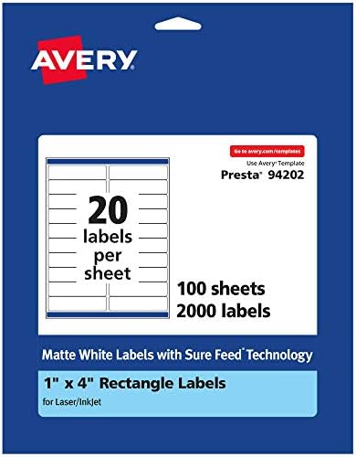 Avery® Matte White Rectangle Labels, Sure Feed® Technology, 1" x 4", 2,000 Matte White Printable Labels