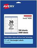 Avery® Matte White Rectangle Labels, Sure Feed® Technology, 1" x 4", 2,000 Matte White Printable Labels