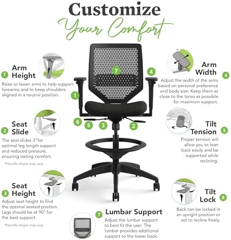 HON Solve Ergonomic Stool, Office Chair, Footring, ReActiv Back, Black