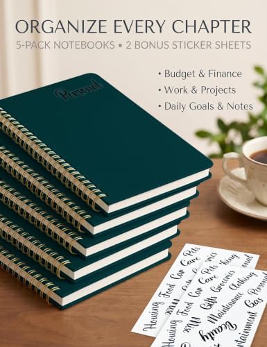 5 Pack Hardcover Spiral Notebooks, 8.3" x 6.3" Lined Journal Set, 100 GSM Bleed-Resistant Paper, 200 Pages Twin-Wire Bound Notebook with Elastic Band & Category Stickers for Office, School
