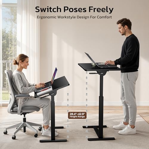 Mobile Standing Desk Adjustable Overbed Table, Pneumatic Height Adjustable Rolling Laptop Desk with Hidden Wheels, 0-180°Tilt Top Rolling Computer Cart Foldable for Home Office, Craft & Study, Black