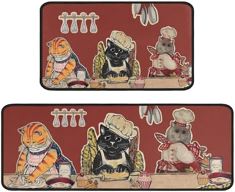 Cat Fat Chef Kitchen Rugs for Floor 2 Piece Sets, Cats Chef Floor Mat for Kitchen, Kitchen Rug in Front of Sink for Standing for Italy Kitchen Decor 17"X30"+17"X47"
