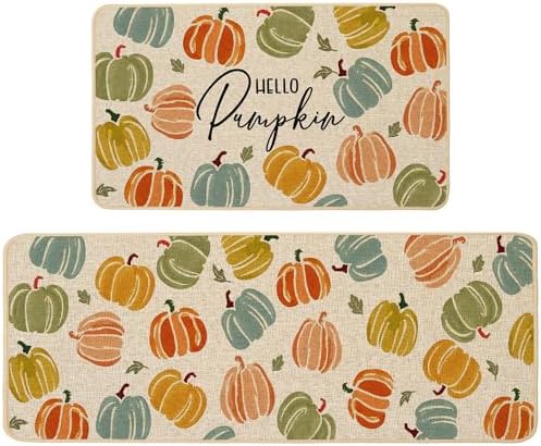 Baccessor Fall Kitchen Rugs Set of 2, Colorful Pumpkins Kitchen Mats for Floor Washable Low-Profile Farmhouse Autumn Holiday Home Indoor Outdoor Decor 17x29 and 17x47 Inch