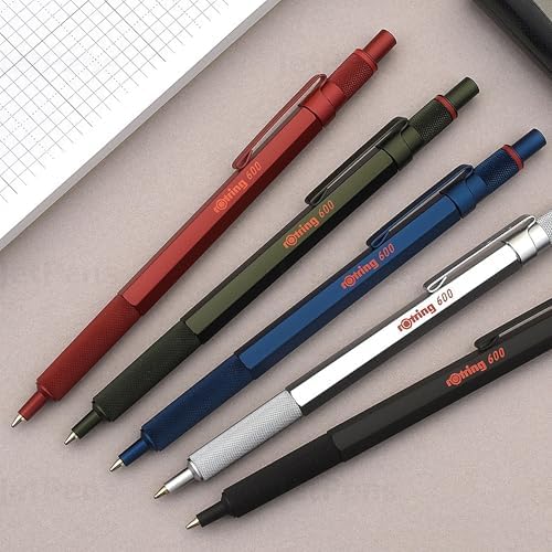 rOtring 600 Ballpoint Pen, Medium Point, Black Ink, Black Barrel, Refillable - Smooth Writing, Non-Slip Grip