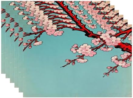 Batmerry Shabby Chic Cherry Blossom Linen Placemats Set of 6, Turquoise Vintage Washable Table Mats for Kitchen Table Thickened Heat Insulation Dining Set Indoor Outdoor 12X18 in
