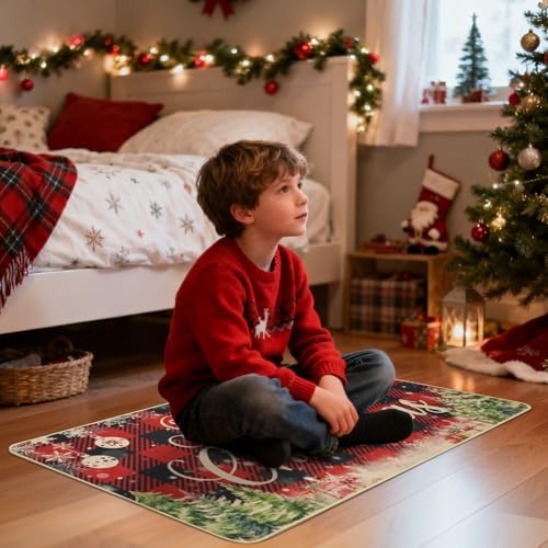 MEHOFOND Merry Christmas Kitchen Rugs Set of 2,Farmhouse Truck Red and Black Buffalo Plaid Kitchen Rugs,Winter Xmas Holiday Floor Mat,Snowflake Christmas Kitchen Decor 17 x 29 and 17 x 47 in