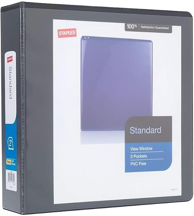 Staples Standard 2-Inch D-Ring View Binder, Holds Up to 480 Sheets, Black, Durable 3-Ring Binder for Office, School & Home
